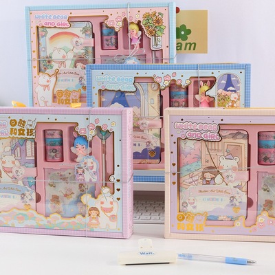 36K礼盒套装 白熊和女孩可爱少女卡通贴纸胶带素材手帐本套装礼盒