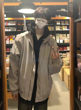 花灰色毛呢短款外套男款春秋青少年夹棉立领夹克美式高街棒球服