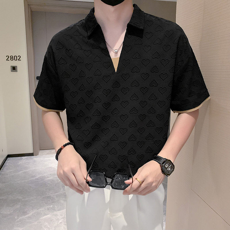 提花假两件v领男士Polo衫夏季潮牌潮流轻熟风痞帅男装冰丝短袖t恤