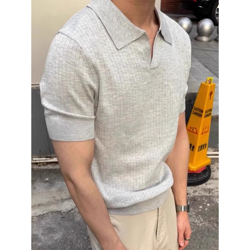 灰色海鸥v领针织短袖男款polo衫夏季老钱风运动收袖口t恤翻领半袖