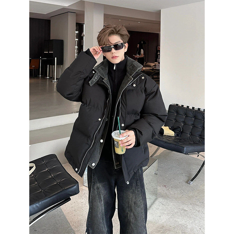 假俩件牛仔拼接棉服男款冬季欧美高街加厚立领面包服美式工装外套