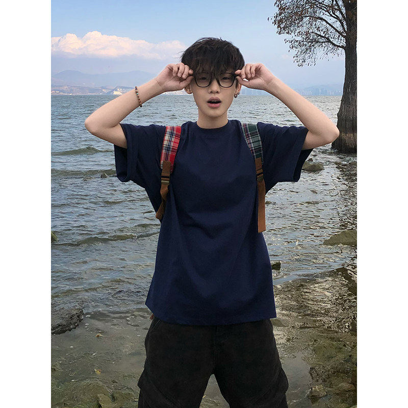 藏青色正肩短袖男夏季少年感痞帅小领口纯棉t恤cleanfit重磅半袖
