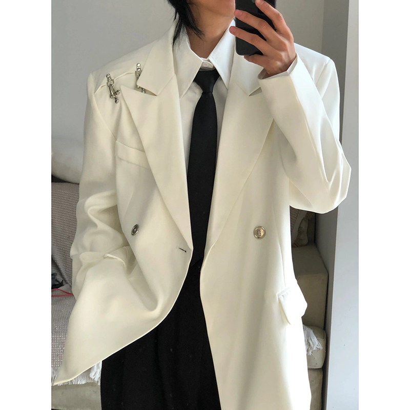 白色飞机扣西装外套男小众设计感轻熟风上衣cleanfit垫肩休闲西服