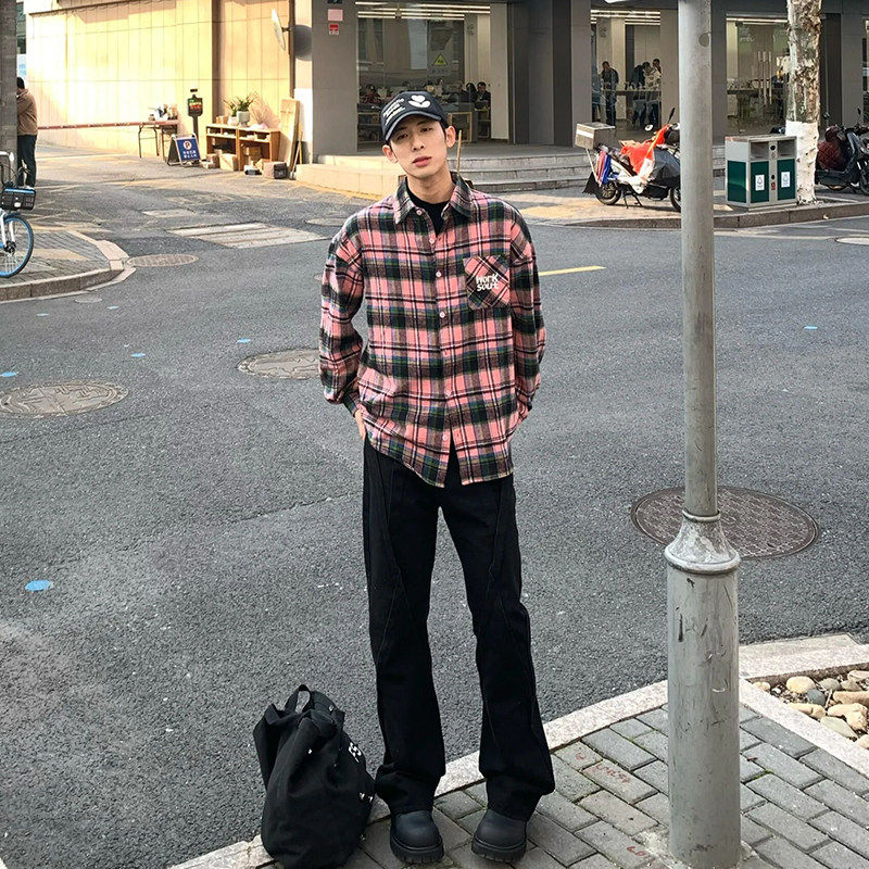 美式复古刺绣格子衬衫男高级感春秋潮牌长袖衬衣早春外套