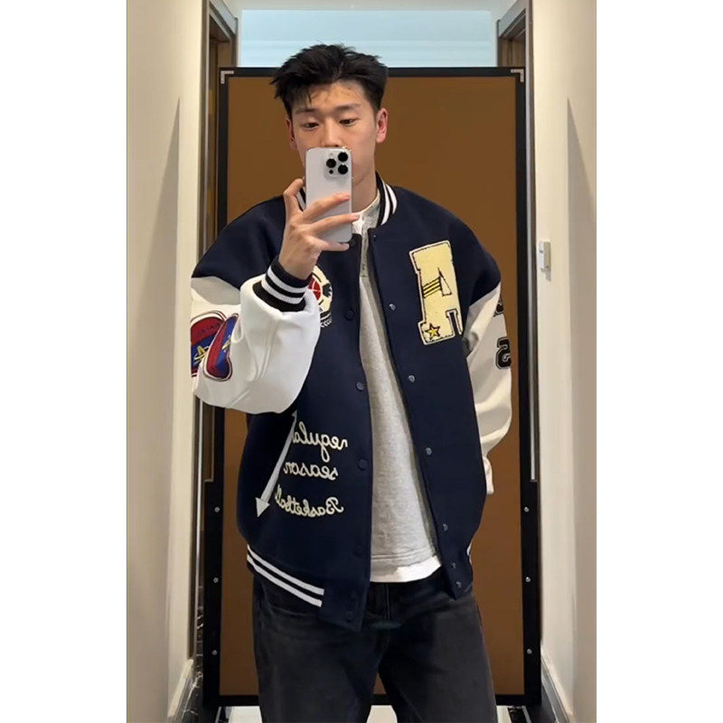 藏蓝色字母刺绣棒球服男款春秋美式复古情侣夹克设计感短款外套