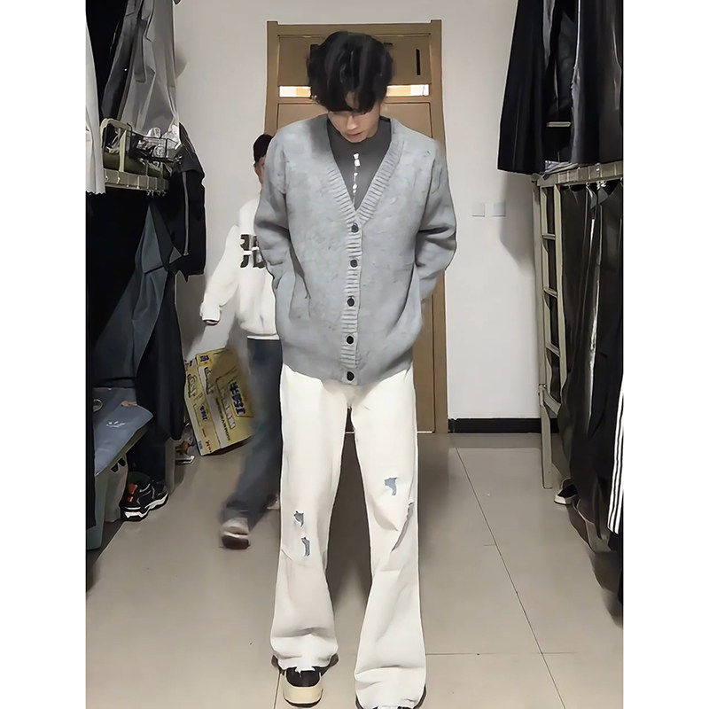 灰色v领开衫毛衣男款春秋cleanfit美式复古外套韩系慵懒风针织衫