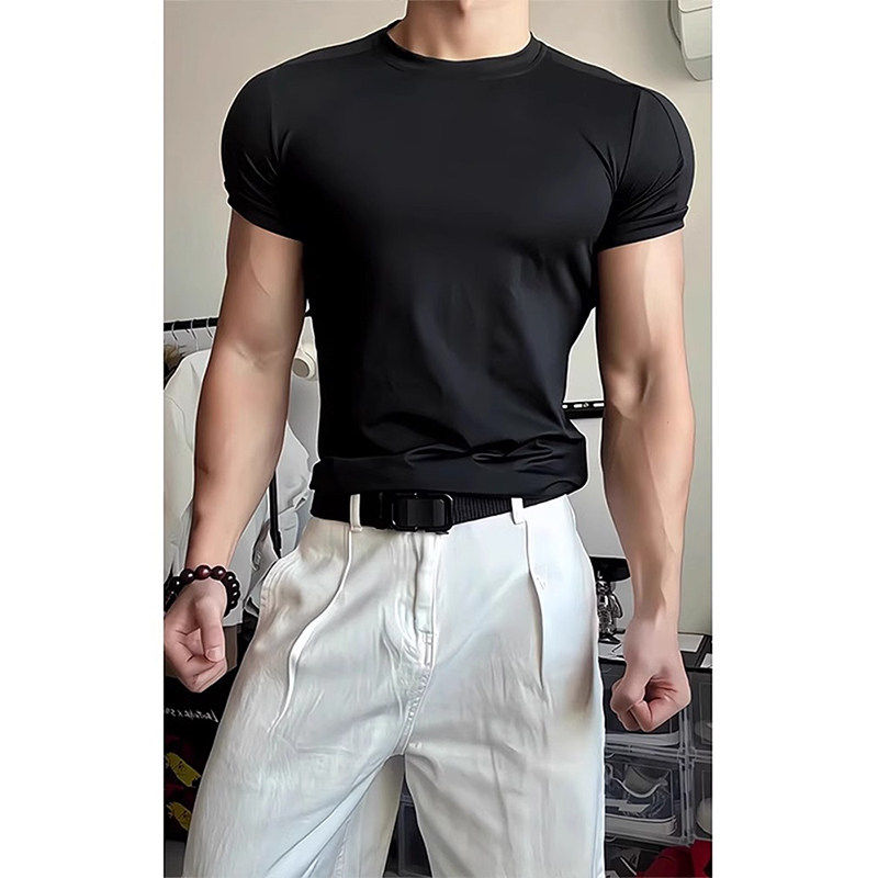cleanfit收袖口短袖男款显瘦显肌肉小领口t恤修身弹力运动打底衫