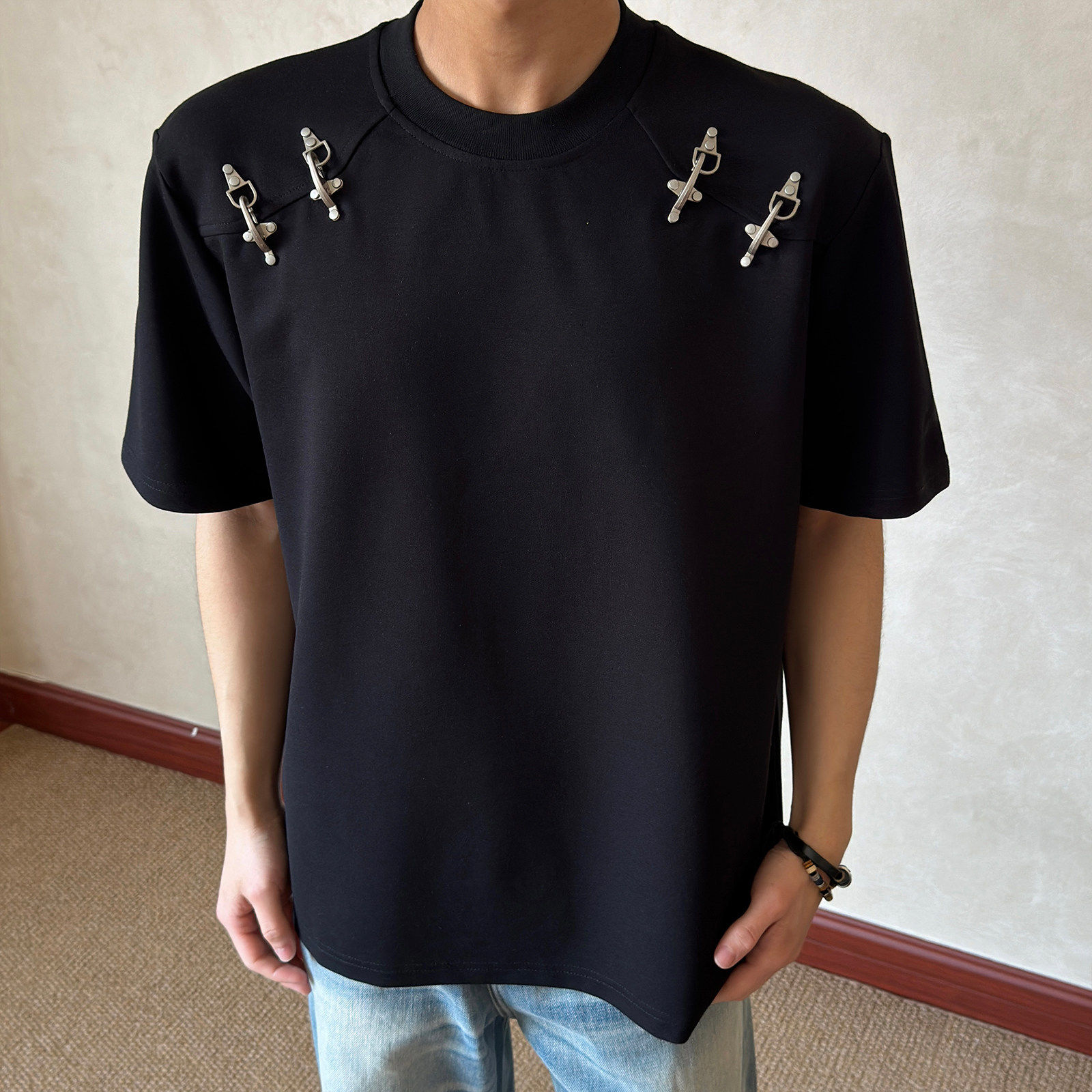 Blog夏季解构拼接飞机扣短袖短宽显高320克 罗马布 T恤D252