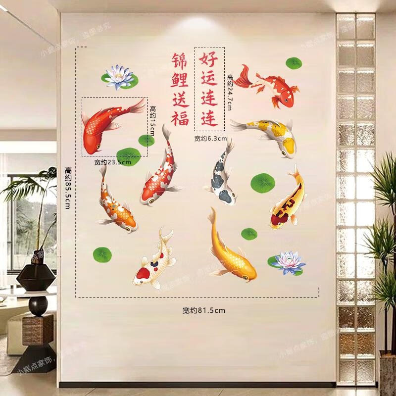 招财纳福锦鲤墙贴纸简约玄关墙上室内装饰现代墙贴花自粘花卉新款图片