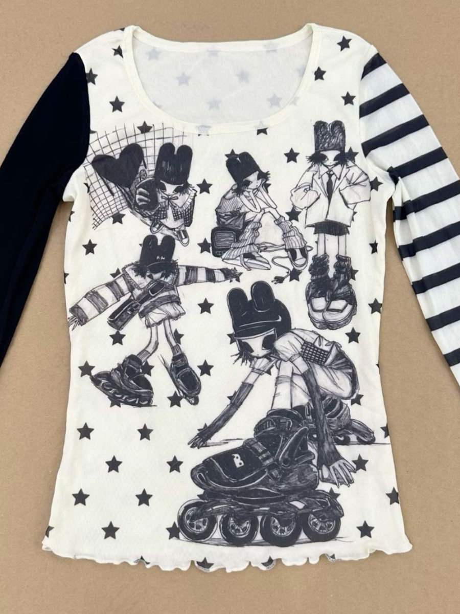 thumbnail for Japanese Subculture Y2K Star Stripe Asymmetrical Vintage Long-Sleeve Slim-Fit Base T-Shirt Top for Women