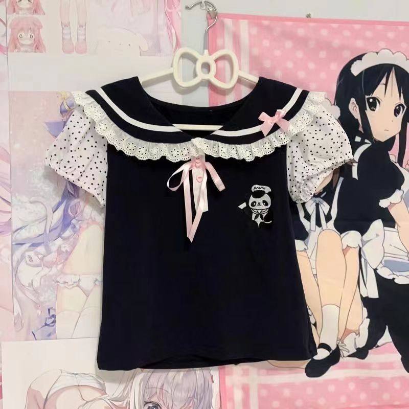 thumbnail for Japanese summer dopamine cute soft girl cute short doll collar lace short sleeve polka dot lace t-shirt puff sleeves