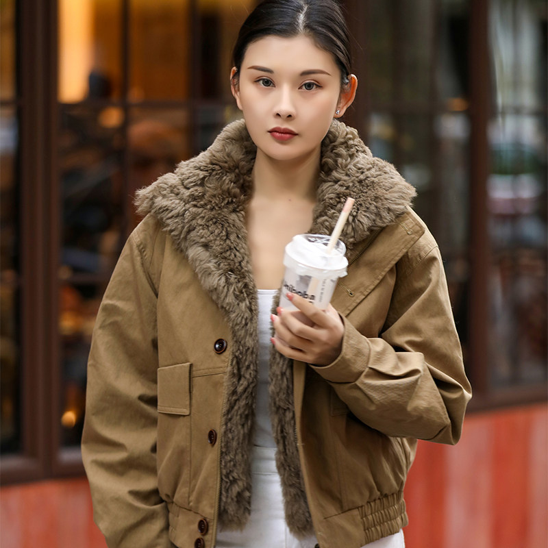 皮毛一体外套女獭兔毛内胆派克服