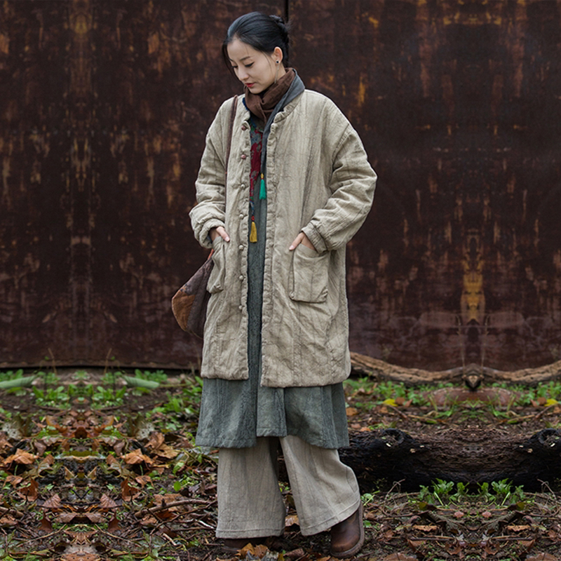 中国风秋冬禅意棉衣女装宽松外套棉麻中长款夹棉加厚保暖棉服棉袄