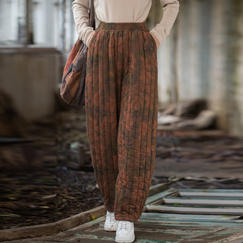 冬季棉麻女装新款原创阔腿裤复古哈伦长裤印花瑜伽夹棉保暖棉裤女
