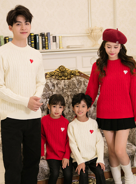高端全家亲子装2025新款秋装一家三四口母女冬母子过年红色毛衣季