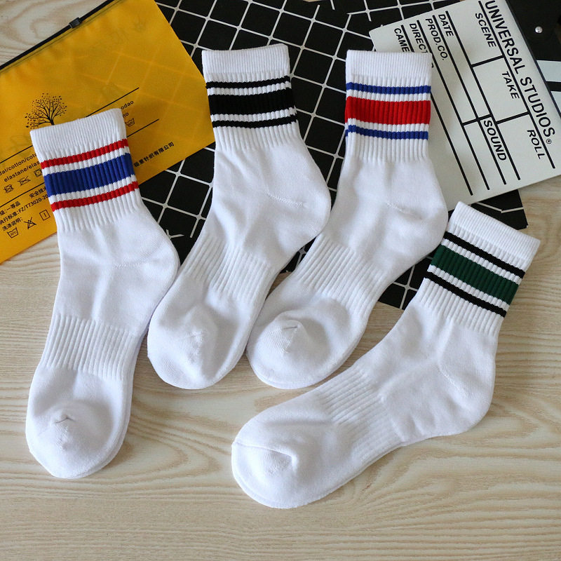 男女加厚毛巾底纯色条纹棉白袜子中筒潮运动羽毛球户外跑步学生