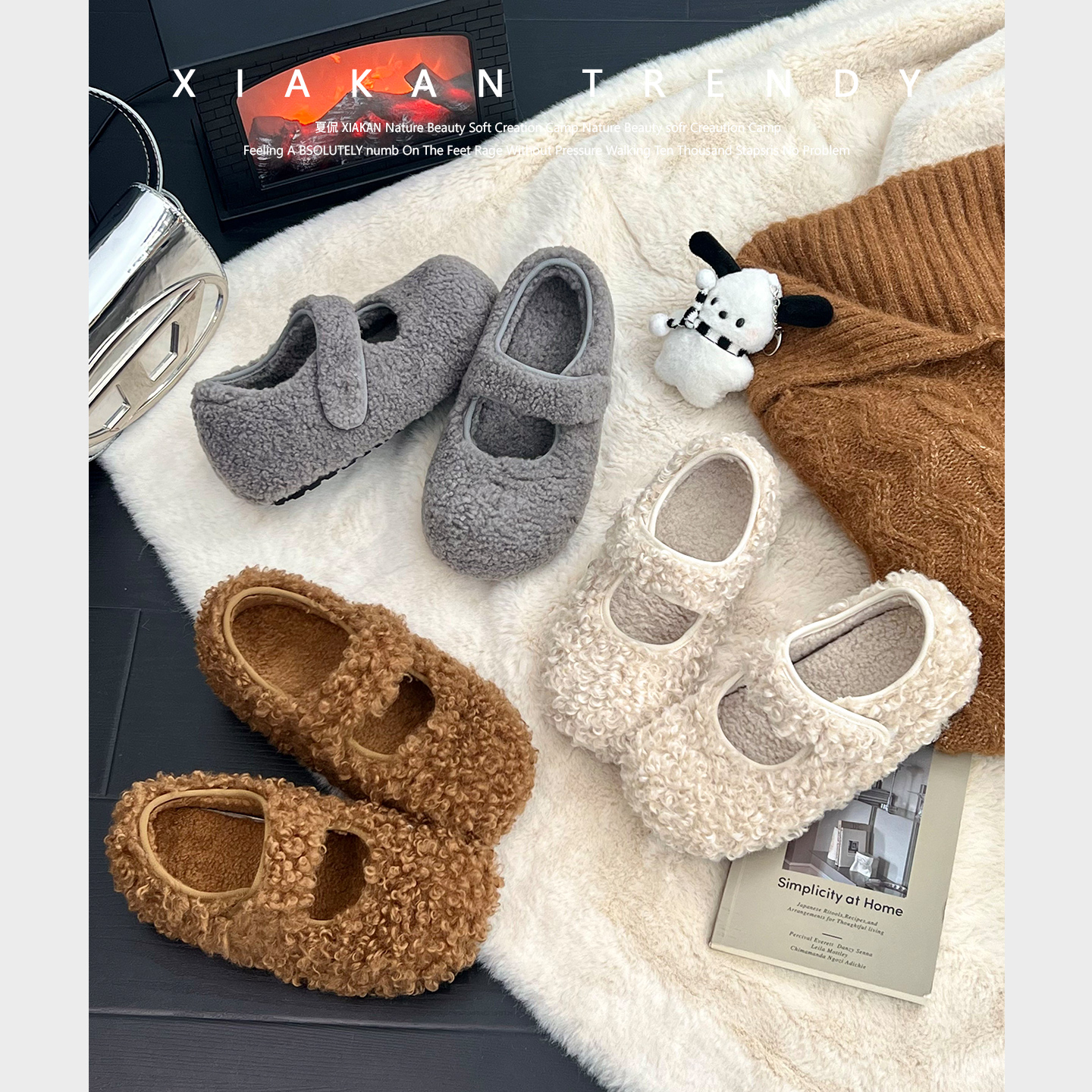 夏侃XIAKAN 内增高6cm毛毛鞋女冬季加绒保暖魔术贴玛丽珍鞋单鞋潮