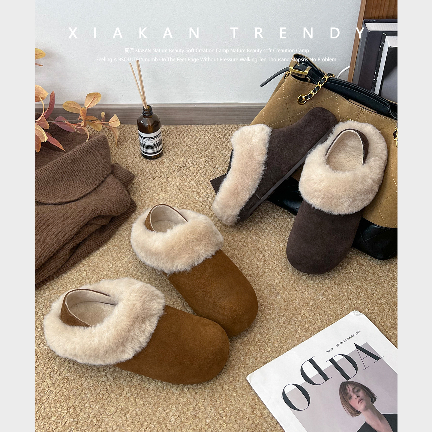 夏侃XIAKAN 增高4cm包跟两穿毛毛勃肯鞋女冬季时尚加绒保暖休闲鞋