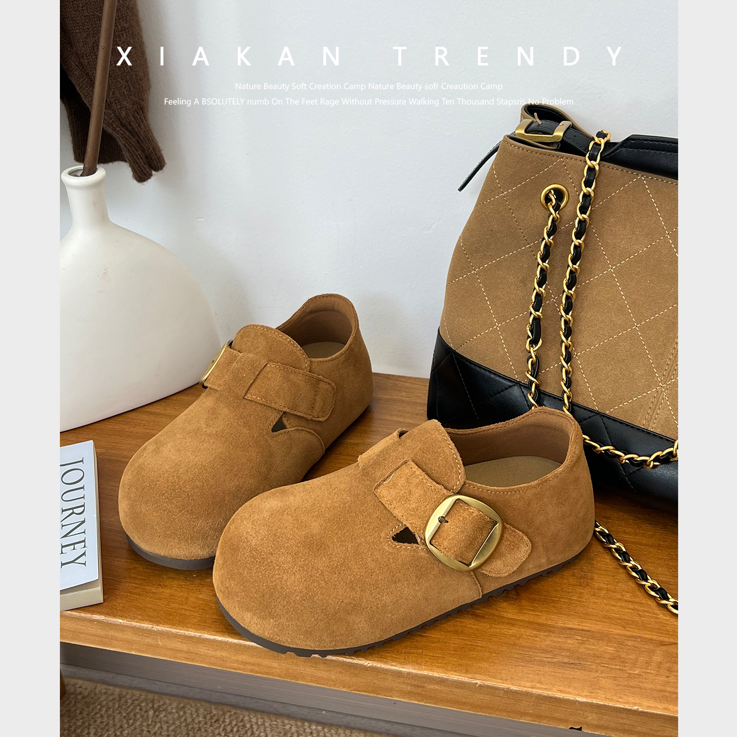 夏侃XIAKAN  驼色复古卡皮巴拉乐福鞋女2025年秋冬丑萌运动勃肯鞋