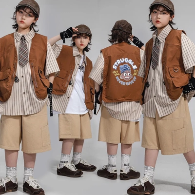 六一儿童街舞潮服男童hiphop夏季潮牌短袖日系马甲少儿嘻哈演出服