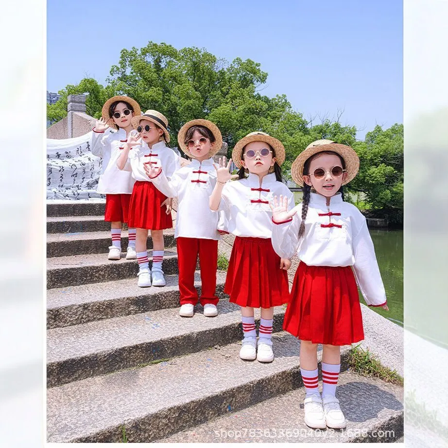 儿童中国风演出服套装幼儿园合唱表演服男女童红色汉服班服六一国