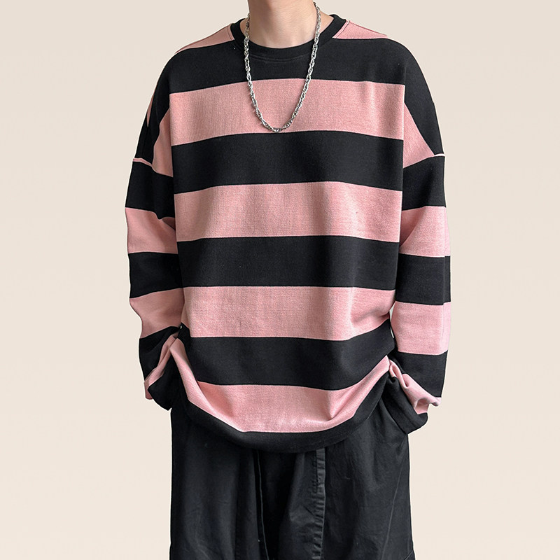 春秋现货高品质潮牌卫衣98.4%棉粉色条纹上衣宽松A351-AW2514-P75图片