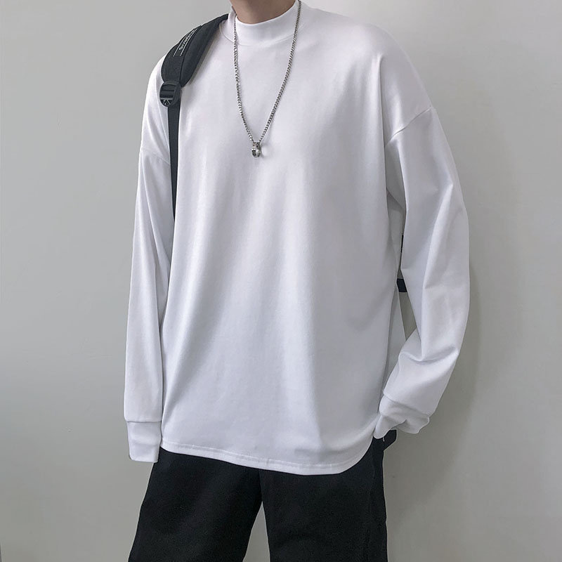 Cotton men's T-shirt bottoming long sleeve top loose trend solid color high collar Pullover