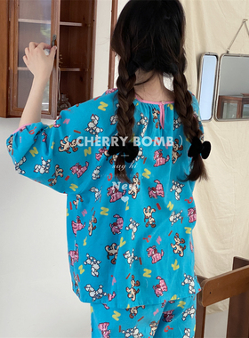 CherryBomb全棉拉绒磨毛字母饼干狗宽松圆领长袖长裤睡衣家居服女