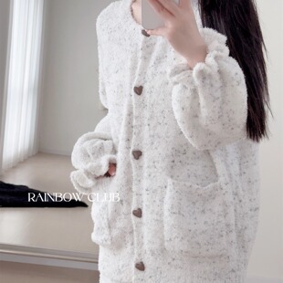 秋冬软绵绵半边绒点点纱可外穿圆领开衫长裤家居服轻奢甜美爱心女