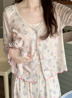 含胸垫睡衣三件套2024四季韩国可爱猫咪碎花卡通家居服女士可外穿