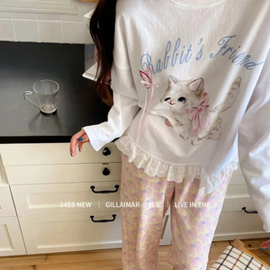 Gill Aimar原版小熊家正品秋冬可爱甜美猫猫蝴蝶结睡衣家居服套装
