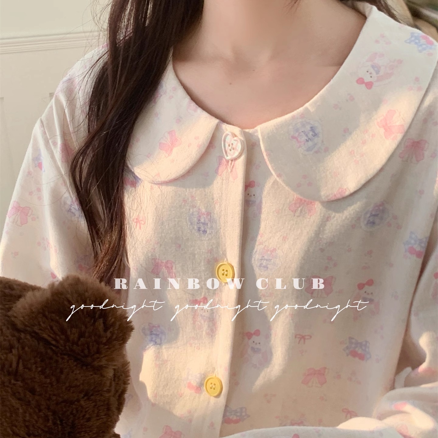 全棉娃娃领卡通长耳朵兔子蝴蝶结甜美开衫长裤家居服睡衣两色女士