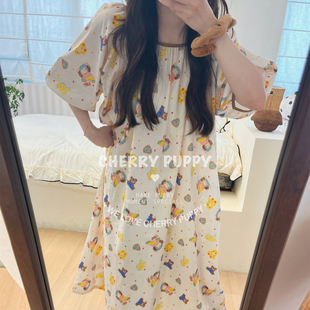 PUPPY休闲可爱卡通宽松加大舒适全棉加长睡衣女 巧克力熊裙CHERRY