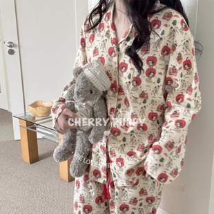 圣诞斑点狗全棉拉绒磨毛休闲翻领长袖长裤睡衣家居服套装女士四季