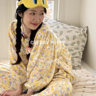宽松卡通家居服女 眼罩猫猫系列套装 四季 全棉磨毛可爱公主长袖 长裤