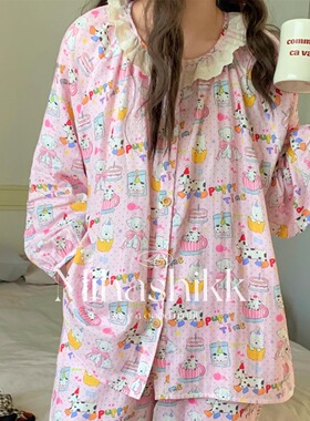 多色花边四季全棉双层纱布可爱卡通猫猫宽松圆领长袖长裤家居服女