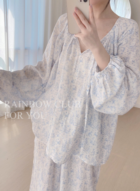 四季全棉双层纱婴儿棉简约线条兔兔清新阔版宽松睡衣家居服套装女