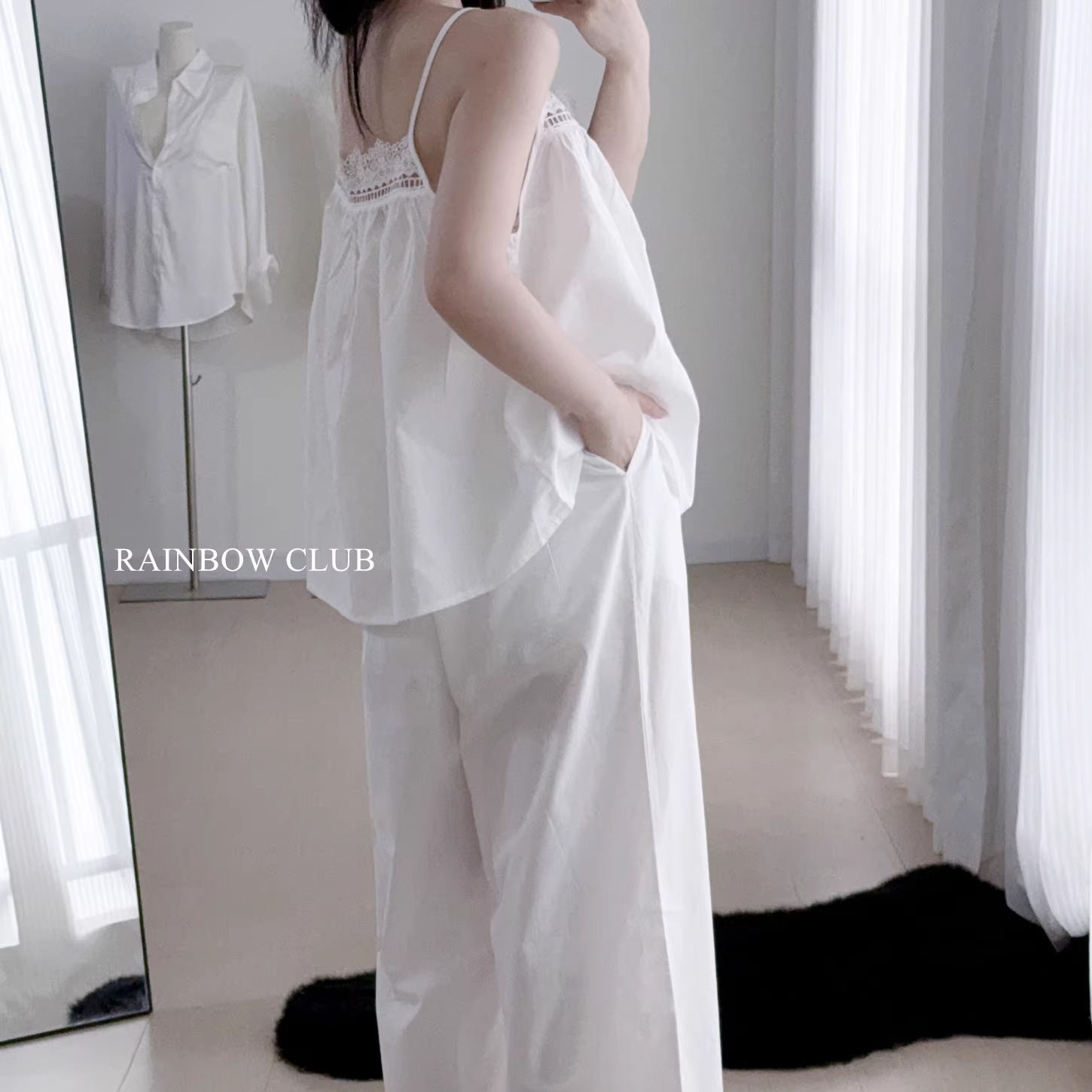 三色纯棉吊带家居服夏季清新蕾丝阔腿裤宽松休闲九分裤睡衣套装女