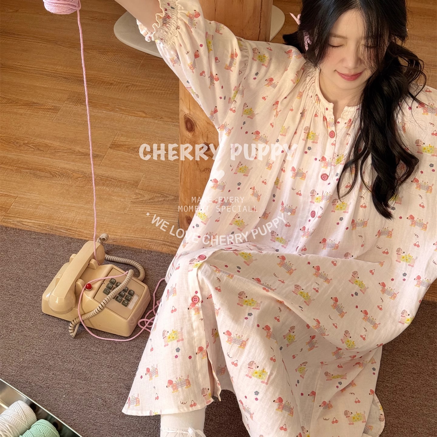 樱桃小腊睡裙双层棉纱宽松亲肤柔软舒适可爱加大韩国家居服女睡衣