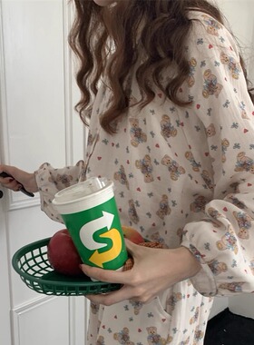 韩国甜美宽松春秋双层纯棉纱可爱松鼠花卉自然简约随性睡衣家居服