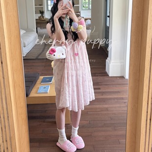 纯棉甜美可爱碎花家居服睡衣可外穿女 镂空蕾丝蔷薇花吊带睡裙夏季