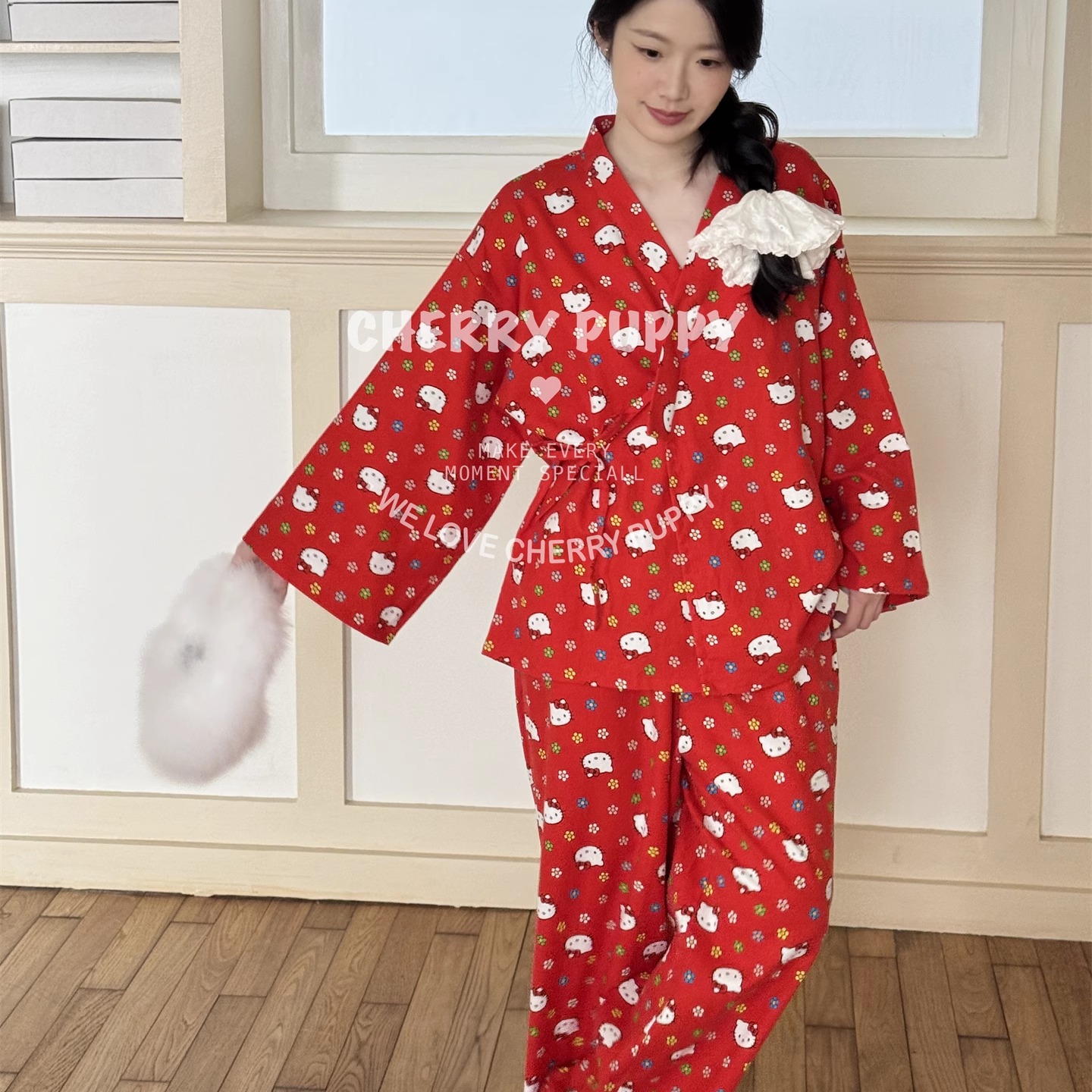 全棉磨毛可爱和服系带长袖套装女