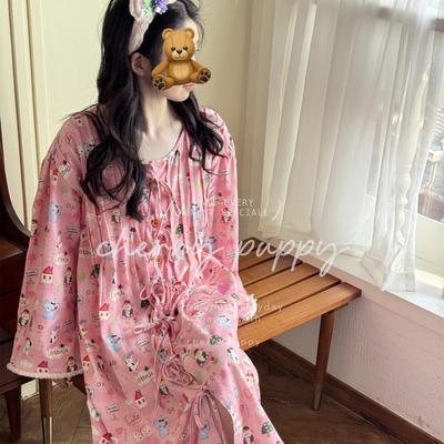 秋冬磨毛宽松长袖纯棉睡裙女秋冬