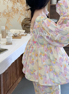 CHERRY PUPPY大蝴蝶长袖长裤全棉棉纱荷叶袖甜美韩国睡衣家居服女