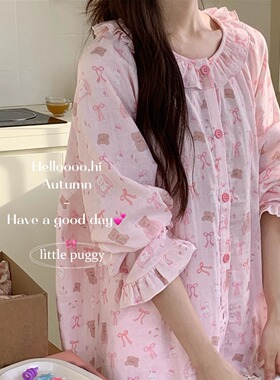 三色四季全棉双层纱布甜美花边可爱卡通亲肤宽松睡衣家居服套装女