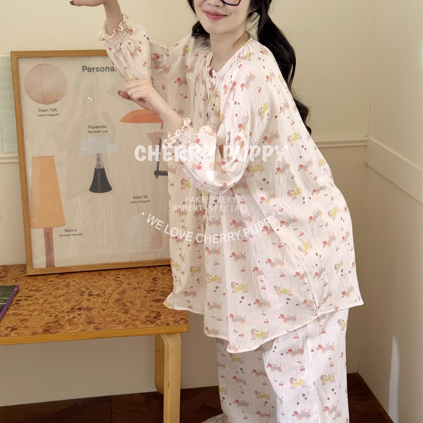樱桃小腊家居服套装全棉双层棉纱宽松柔软舒适可爱加大韩系睡衣女