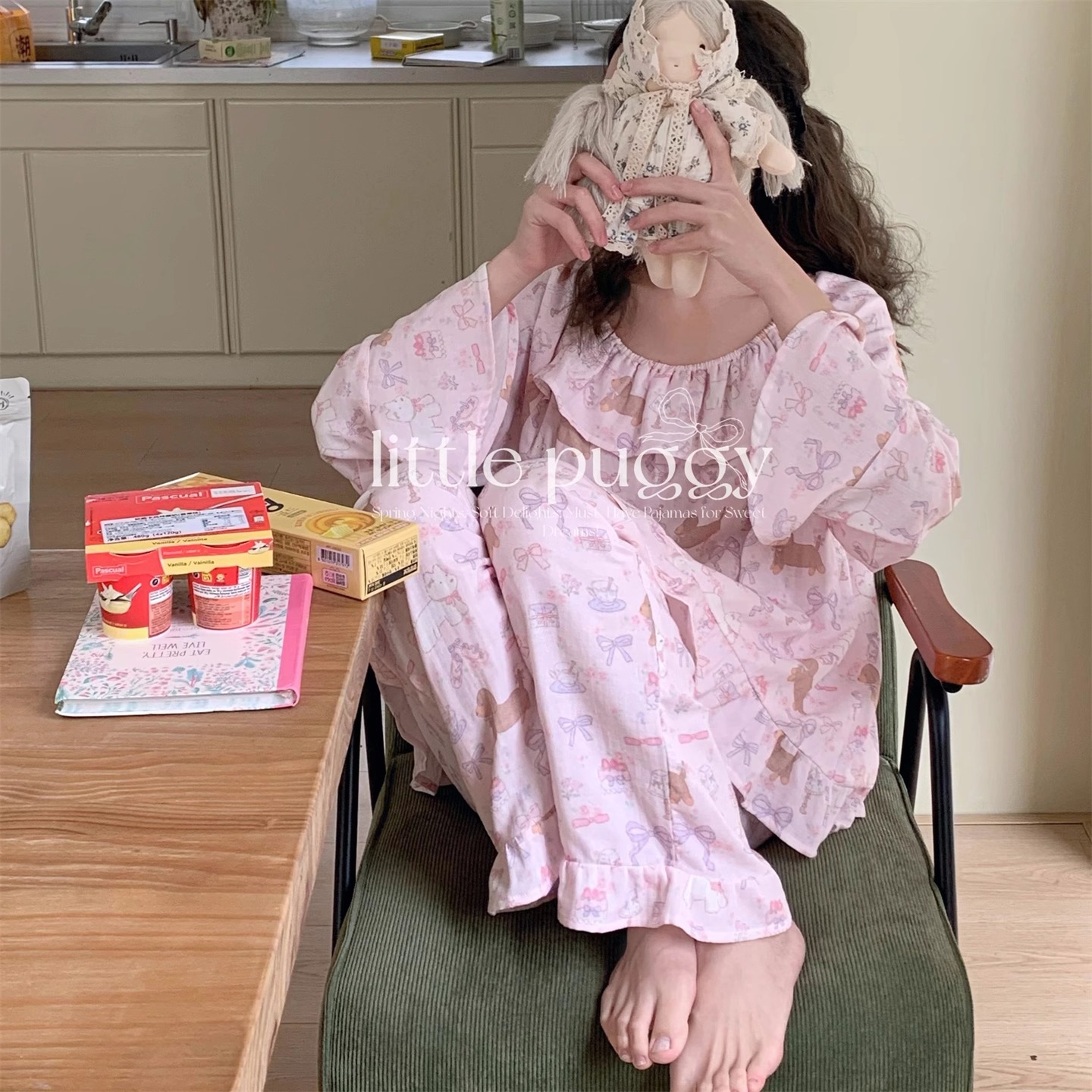 全棉双层纱布荷叶边家居服睡衣女