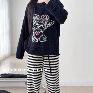 黑白软绵绵秋冬保暖半边绒可爱狗狗简约长袖长裤可外穿家居服女士