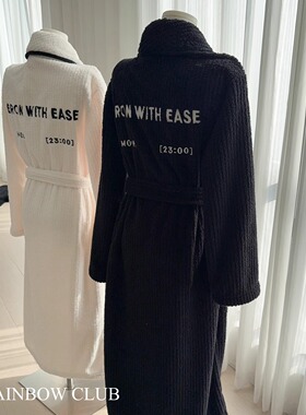 秋冬情侣款加厚翻领睡袍黑白坑条珊瑚绒保暖家居服套装男女款睡衣