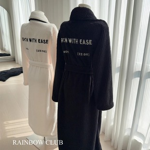 秋冬情侣款加厚翻领睡袍黑白坑条珊瑚绒保暖家居服套装男女款睡衣